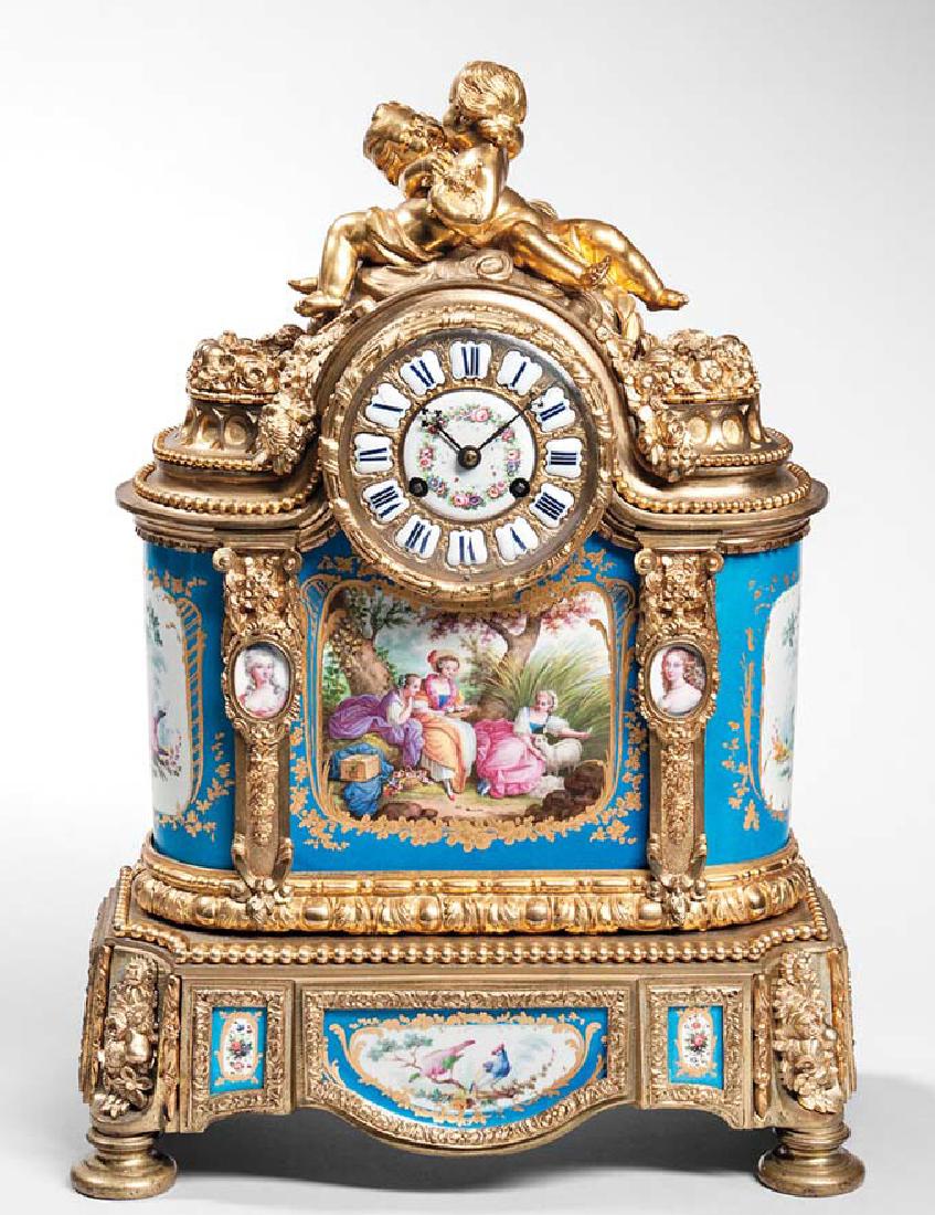 Sevres-type Porcelain-mounted Gilt-bronze Mantel Clock, (1 of 1)