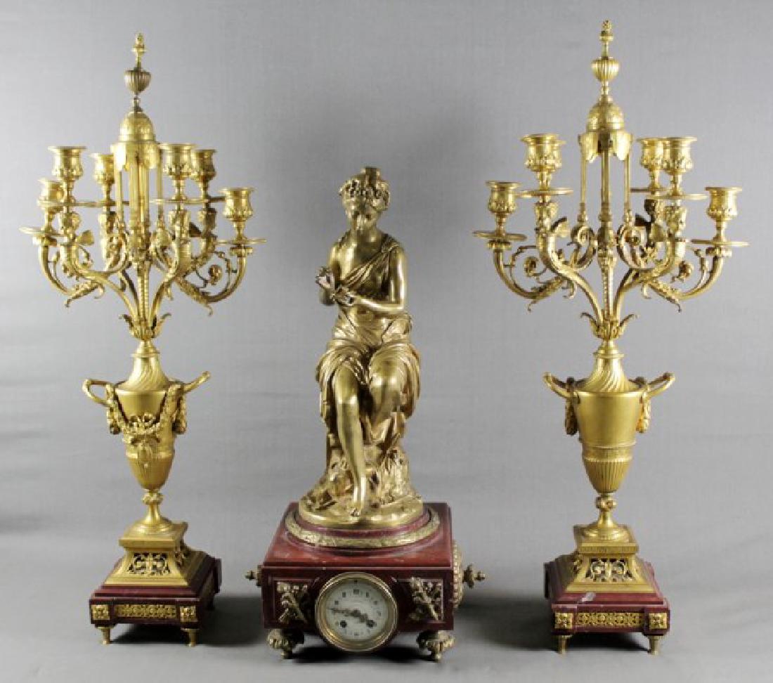 19TH C. ROUGE MARBLE AND DORE BRONZE 3 PC. CLCCKSET (1 of 8)