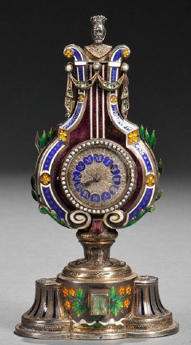 Viennese Enamel, Silver, and Jeweled Clock (1 of 4)