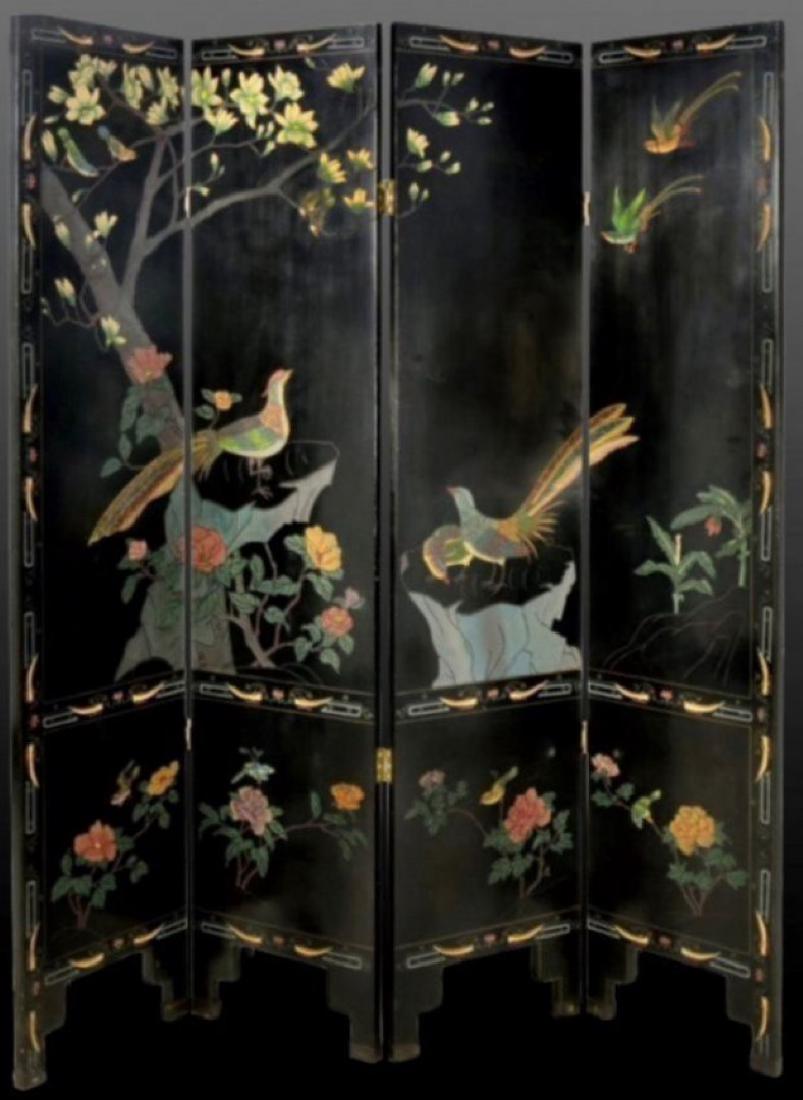 A FOUR-PANEL BLACK LACQUER CHINESE SCREEN (1 of 3)
