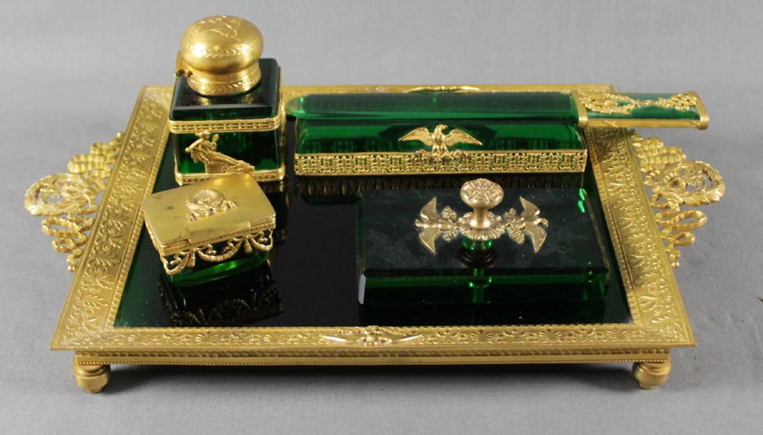 FRENCH GILT AND GREEN GLASS DRESSER SET