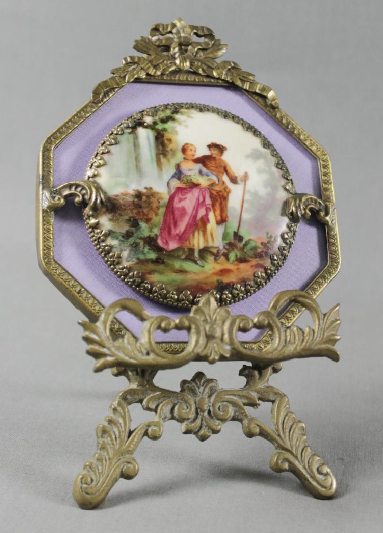 PORCELAIN PLAQUE W/ BRONZE FRAME AND STAND (1 of 2)