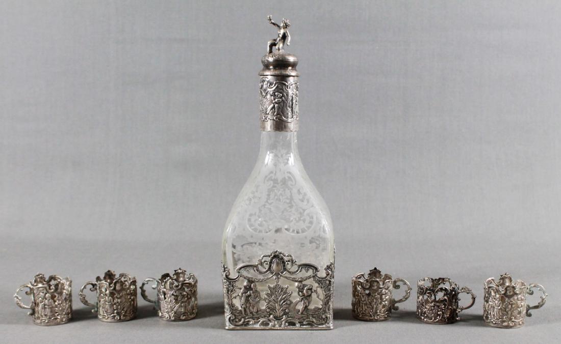 GERMAN SILVER AND ETCHED GLASS DECANTER SET (1 of 5)