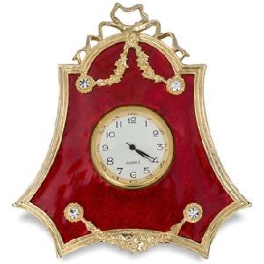 Faberge Style 4" Faberge Red Enameled Guilloche: Faberge Style 4" Faberge Red Enameled Guilloche. Faberge Inspired 4" Faberge Red Enameled Guilloche Russian Antique Style Clock The framed clock is in two color gold-mounted red enamel surrounded by a