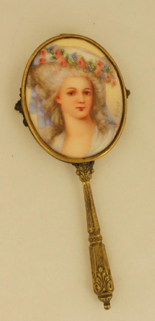 BRONZE HAND MIRROR WITH PORCELAIN PLAQUE (1 of 1)