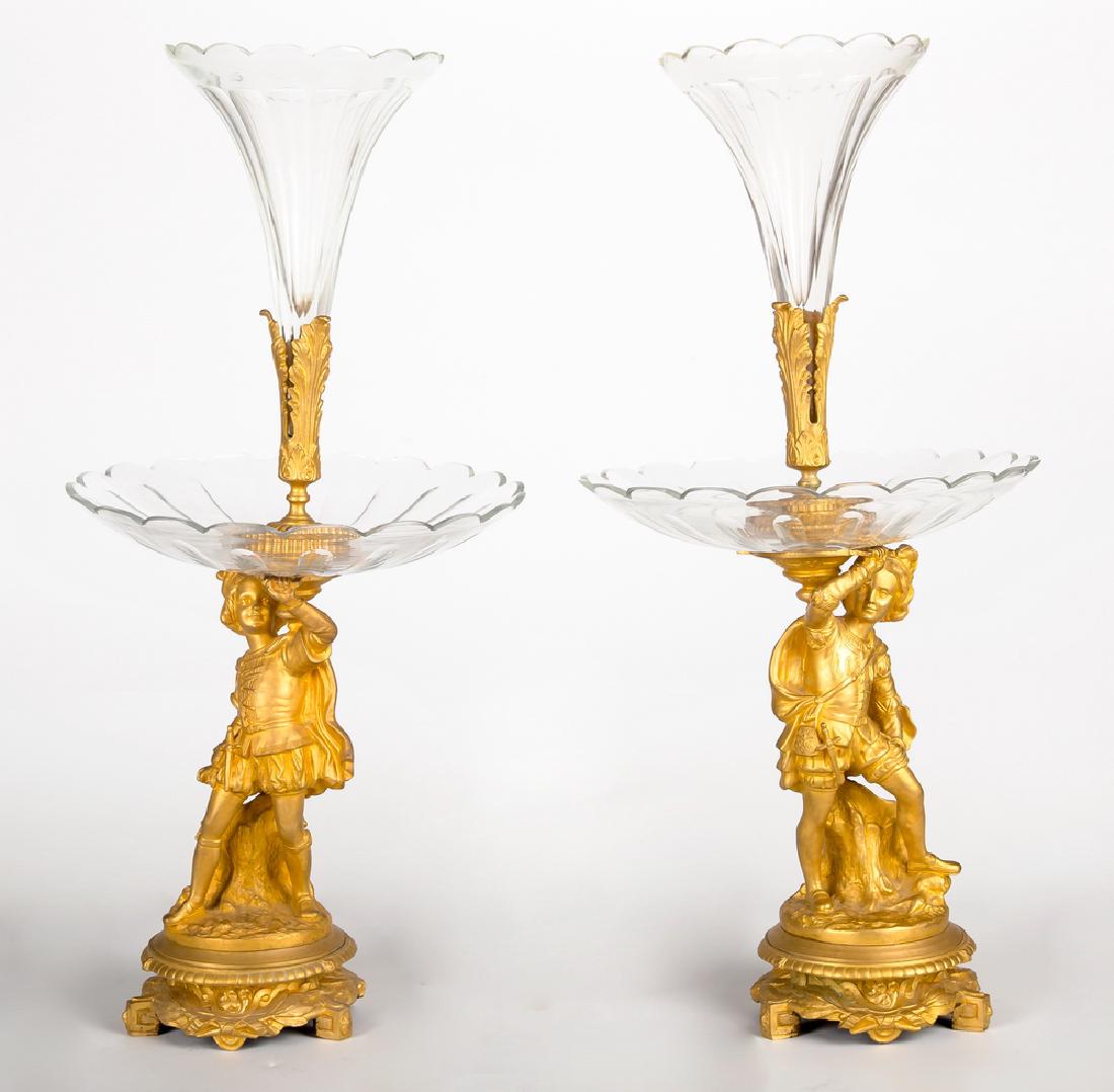 LARGE PAIR OF FRENCH BRONZE FIGURAL GLASS EPERGNES: LARGE PAIR OF FRENCH BRONZE FIGURAL/GLASS EPERGNES MAGNIFICENT ANTIQUE LARGE 26" PAIR OF 19TH CENTURY ANTIQUE FRENCH GOLD GILT BRONZE FIGURAL & FINE GLASS EPERGNES CENTERPIECE12 INCHES WIDE 26 INCHES