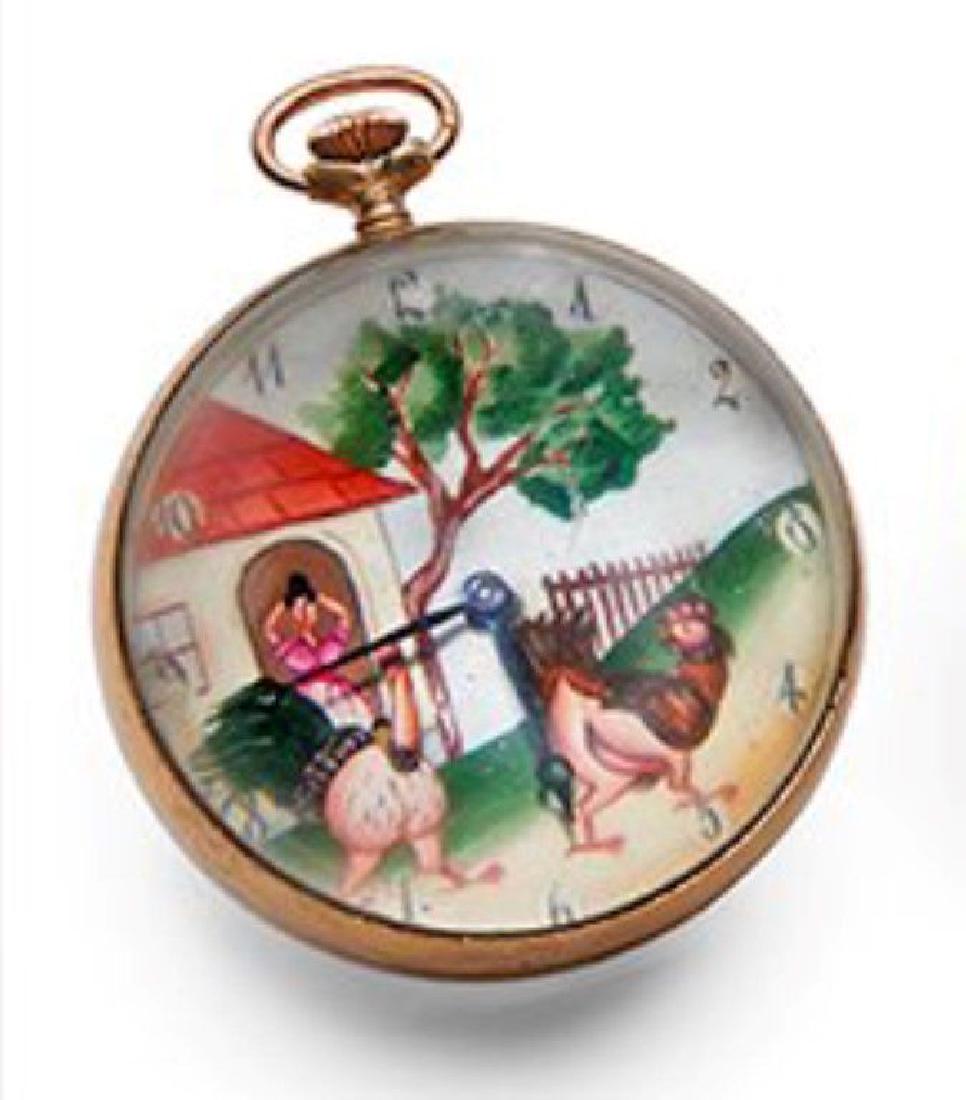 Erotic Animal Related / Themed Ball Clock: Erotic Animal Related / Themed Ball Clock Erotic, Animal related / themed ball clocks, three, signed Omega, 2.5"dia. x 2.25"h Omega example depicting a cock chasing a hen. "Omega/ Swiss/ 15 Jewels/ 89