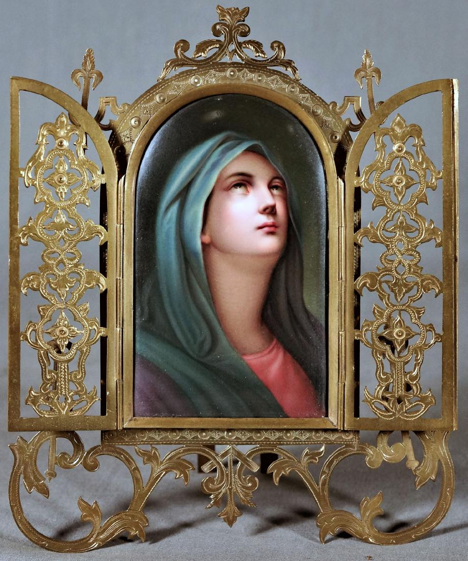 Porcelain Cabinet Portrait Plaques: Arched porcelain plaque depicting ecclesiastical woman in Gothic frame;