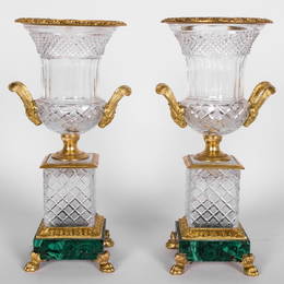 PAIR OF FRENCH ORMOLU MOUNTED CUT GLASS URNS