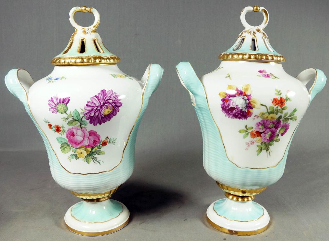 PAIR OF KPM FLORAL COVERED URNS: 15" H 10 " W 8" D