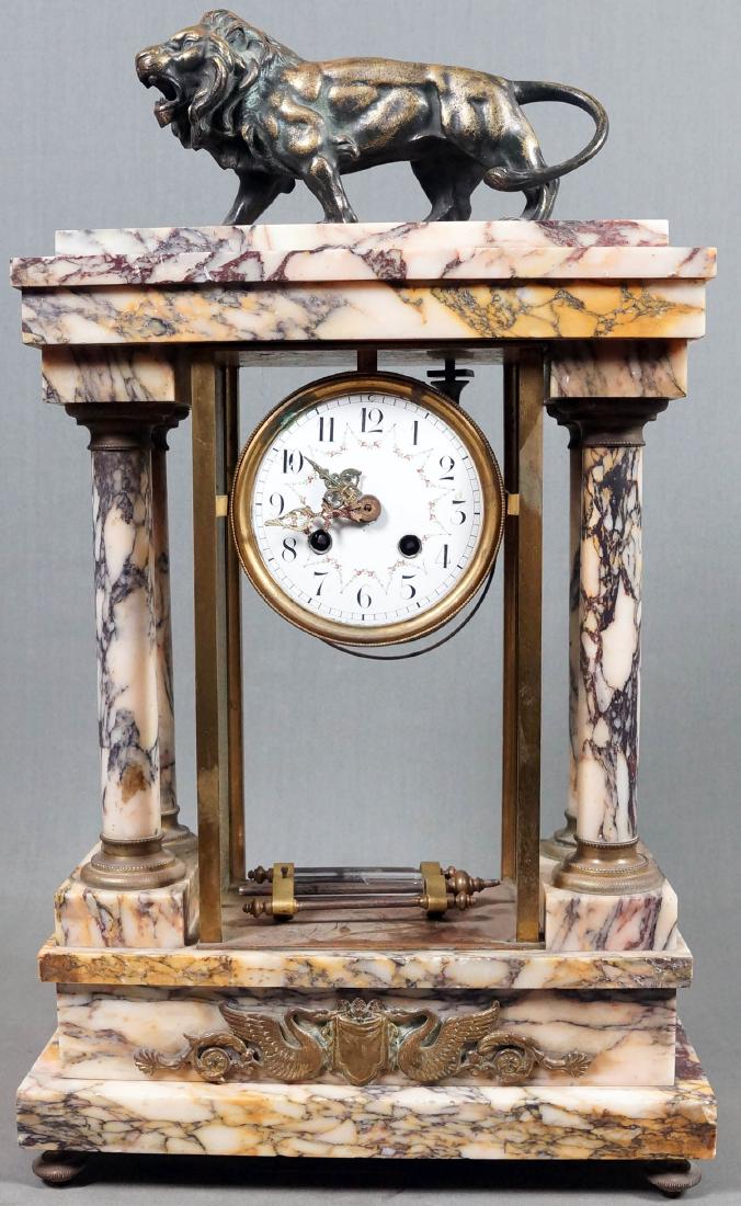 WHITE MARBLE MANTLE CLOCK WITH BRONZE LION (1 of 6)