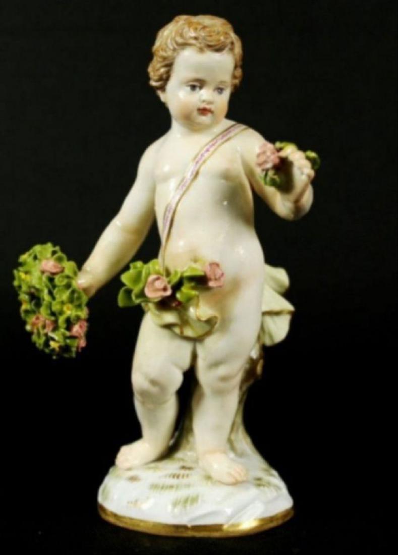 19Th C. Meissen Porcelain Figurine: Child With Wreath Of Flowers, Incised Mark A69, W124, Blue Cross Sword Mark. Approx. 5" H.