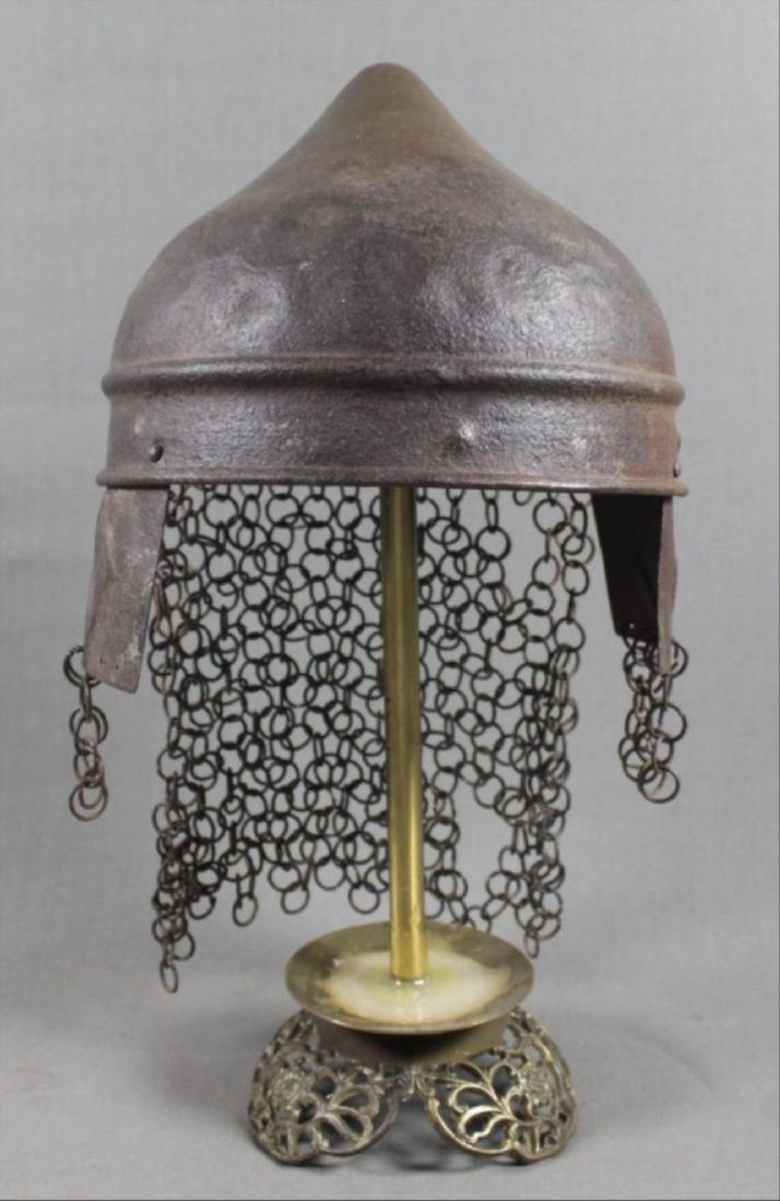 ANTIQUE ISLAMIC INLAID BRONZE GLADIATOR HELMET W/ STAND (1 of 4)