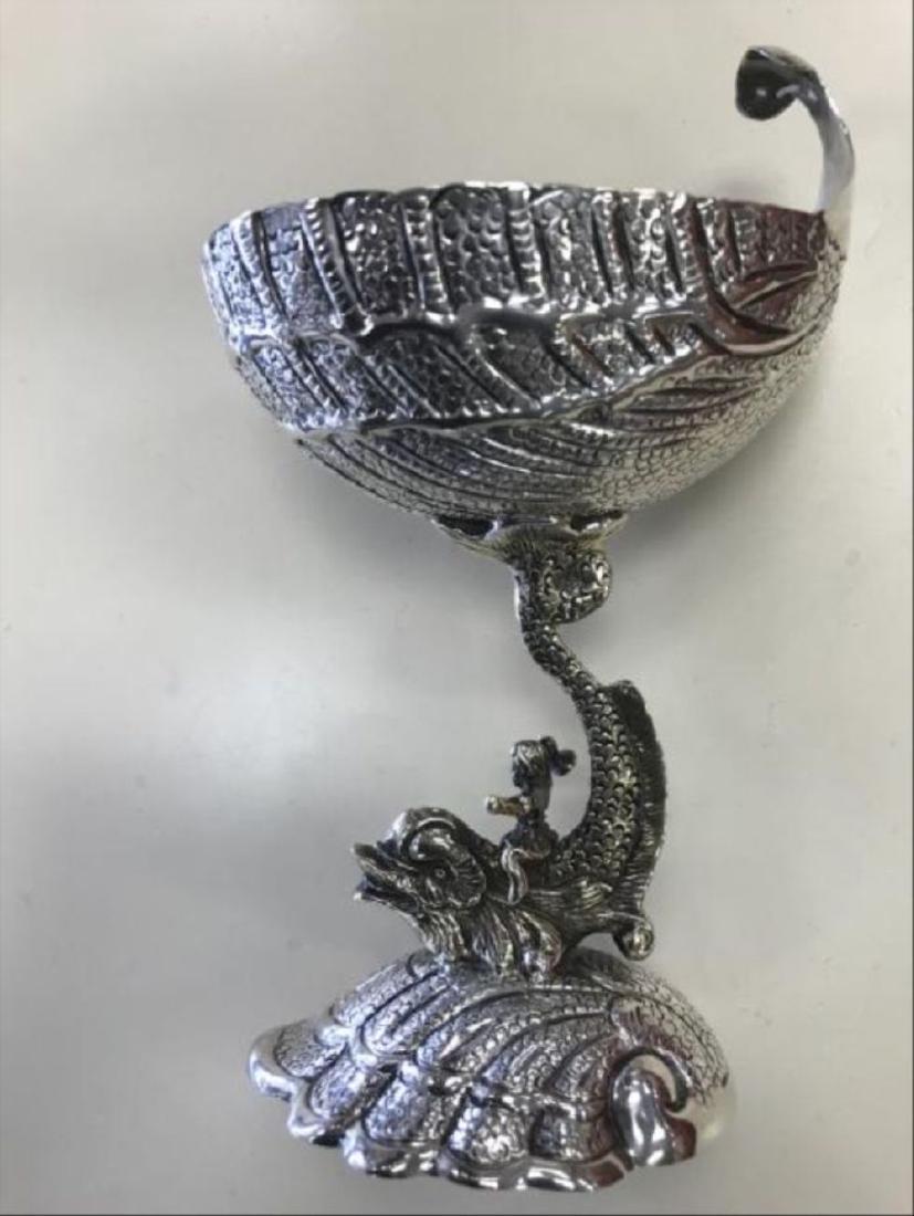 Pair Of Sterling Monkey Riding A Dolphin Cups: 7Oz Each6 3/4" Tpair Of 1800'S Gold Washed Silver Master Salts Table Centerpiece Ornaments With Large Feather Like Containers. Stems Fashioned As Stylized Dolphins With Cherub Riders Holding Horns