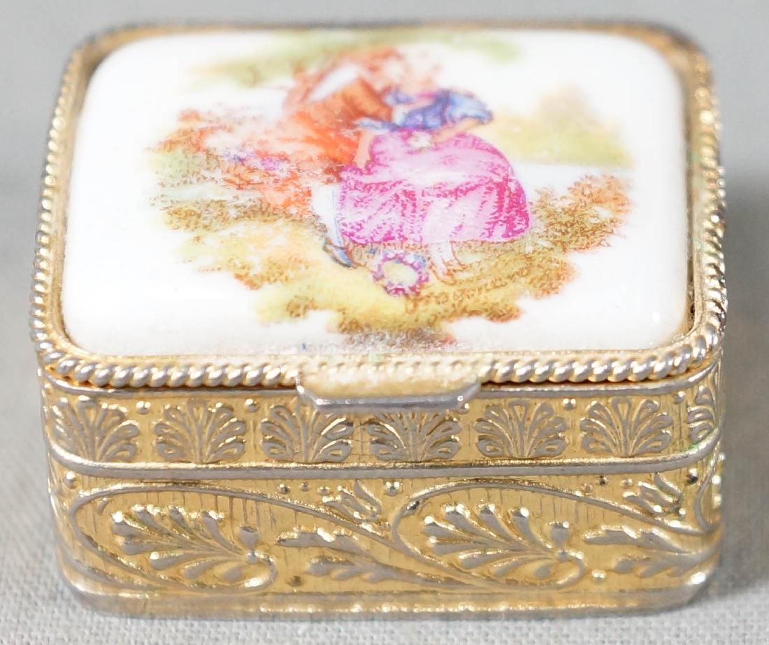 Bronze Pill Box With Painted Courtship Scene: 1.5" Diam