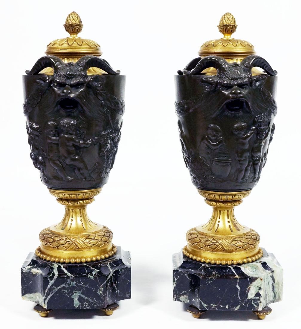 Pair Of French Bronze Urns On Marble Bases (1 of 4)