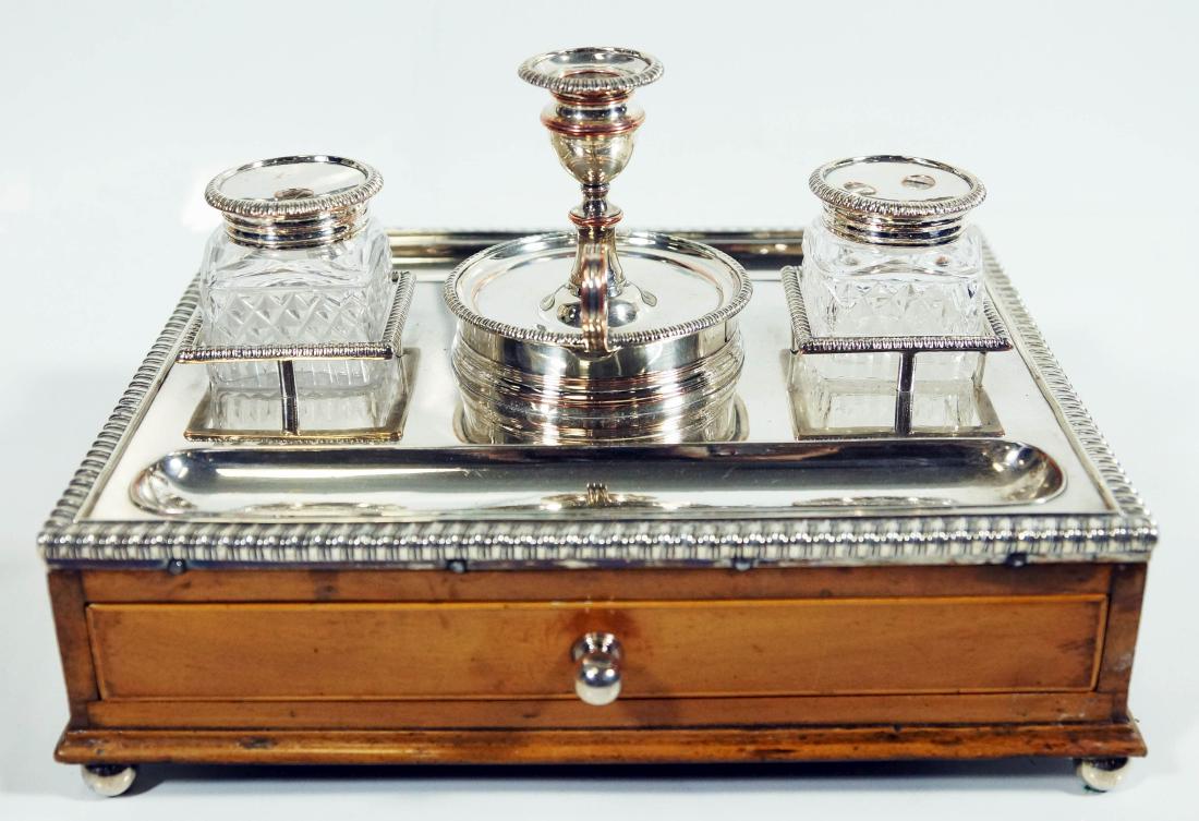 1022) Sheffield Inkstand With Wood Base (1 of 3)
