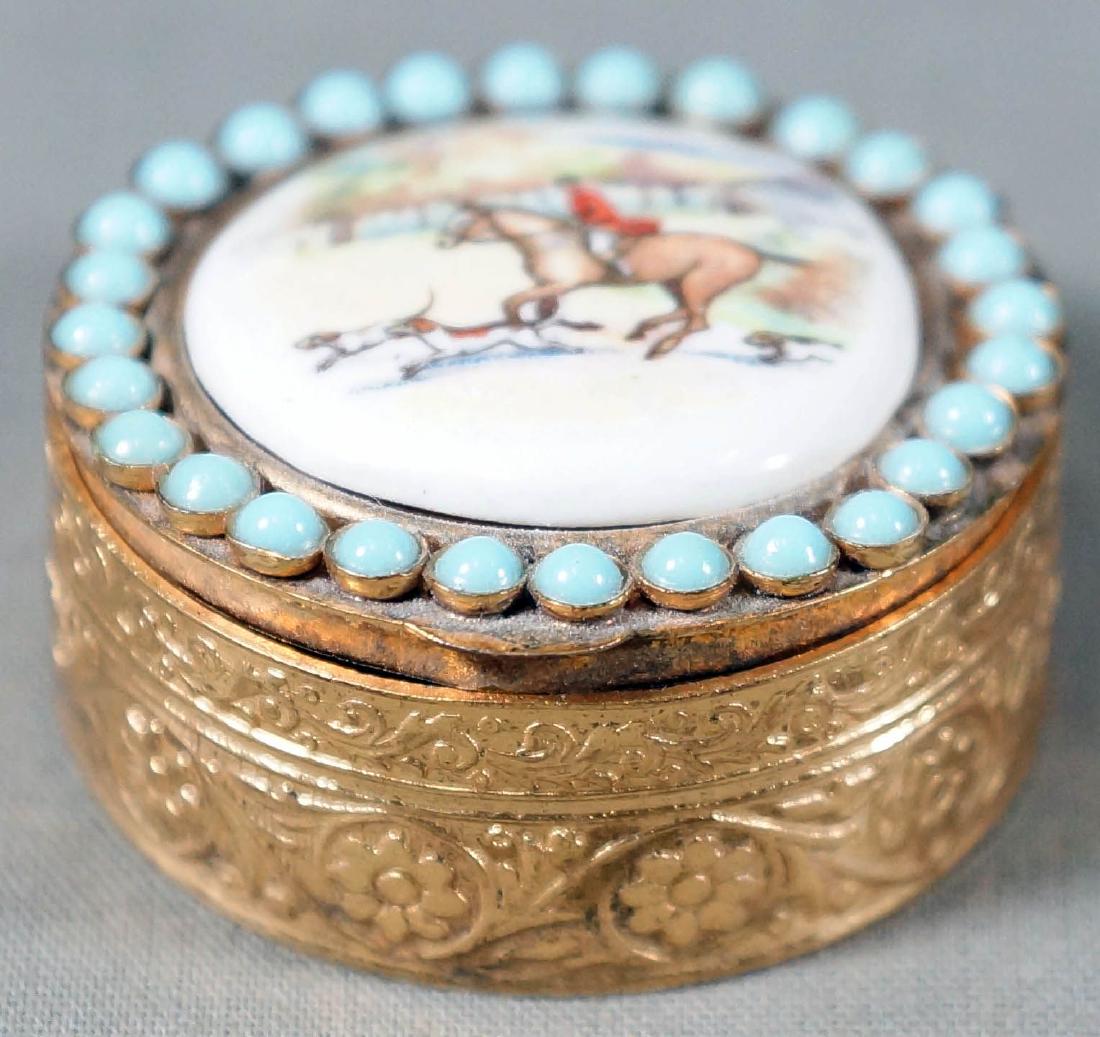 Itallian Pill Box With Porcelain Hunting Scene: 1.5" Diam