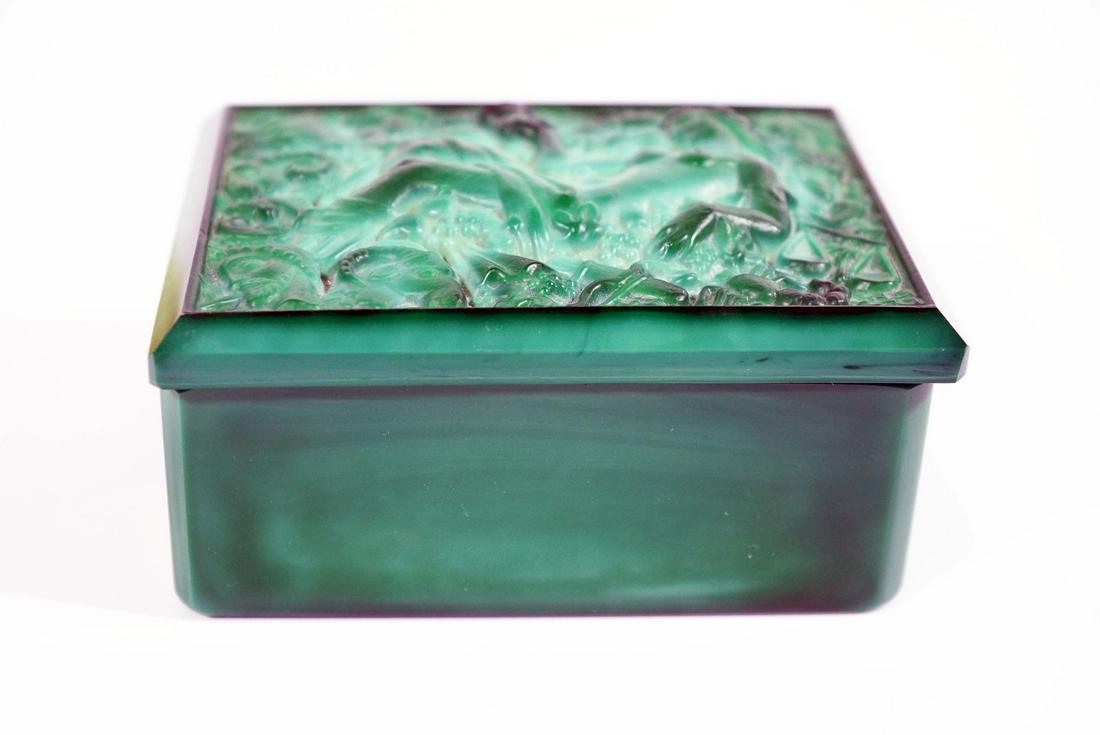 Molded Malachite Glass Table Piece Signed Lalique: 2.5" H 5.5" W 4" D