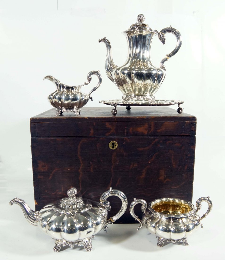 Victorian Sterling Silver Coffee And Tea Service,: Victorian Sterling Silver Coffee And Tea Service, Joseph And Albert Savory Set, Measures From 4 1/2" X 8 1/4" To 10 1/4" X 10", Total Weight Of Sterling 2290.64 Grams