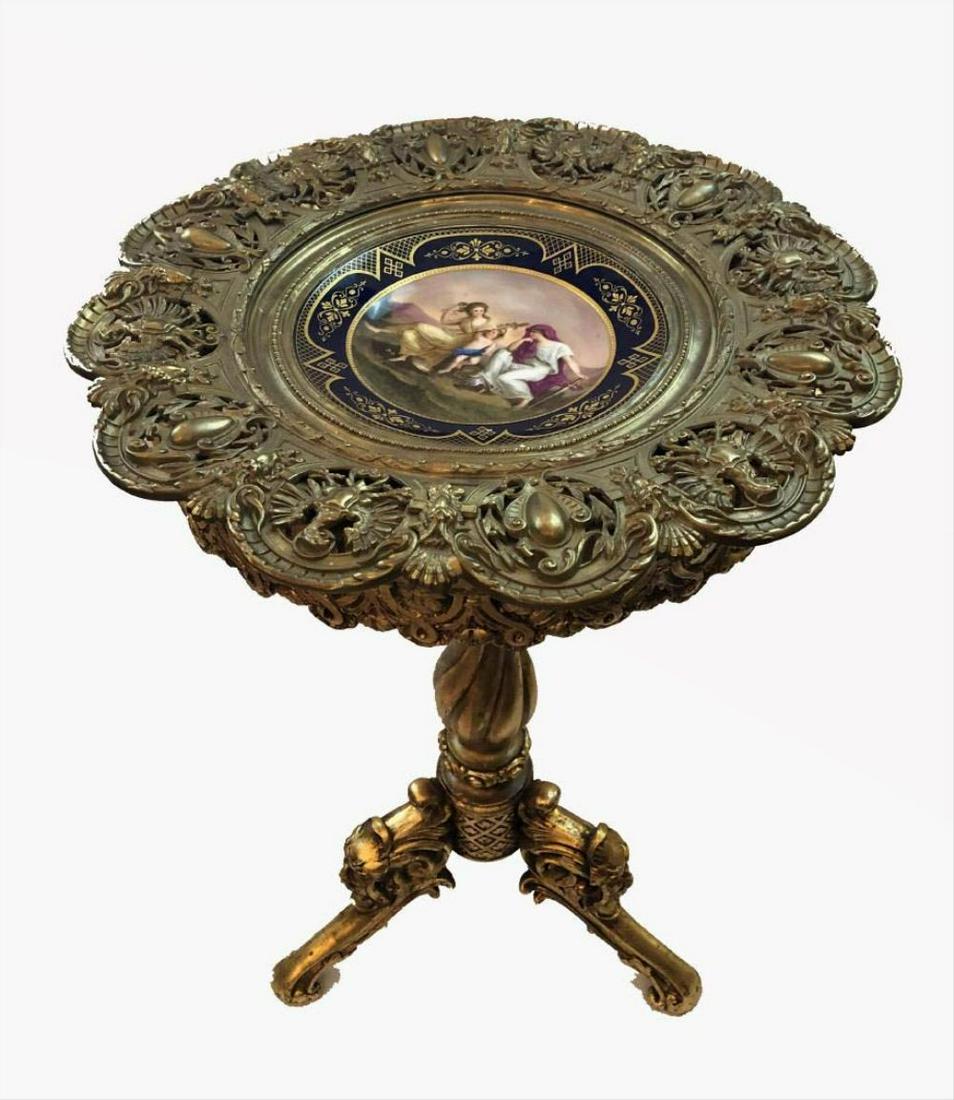 Antique Bronze And Wood Table With Plate Royal Vienna (1 of 2)