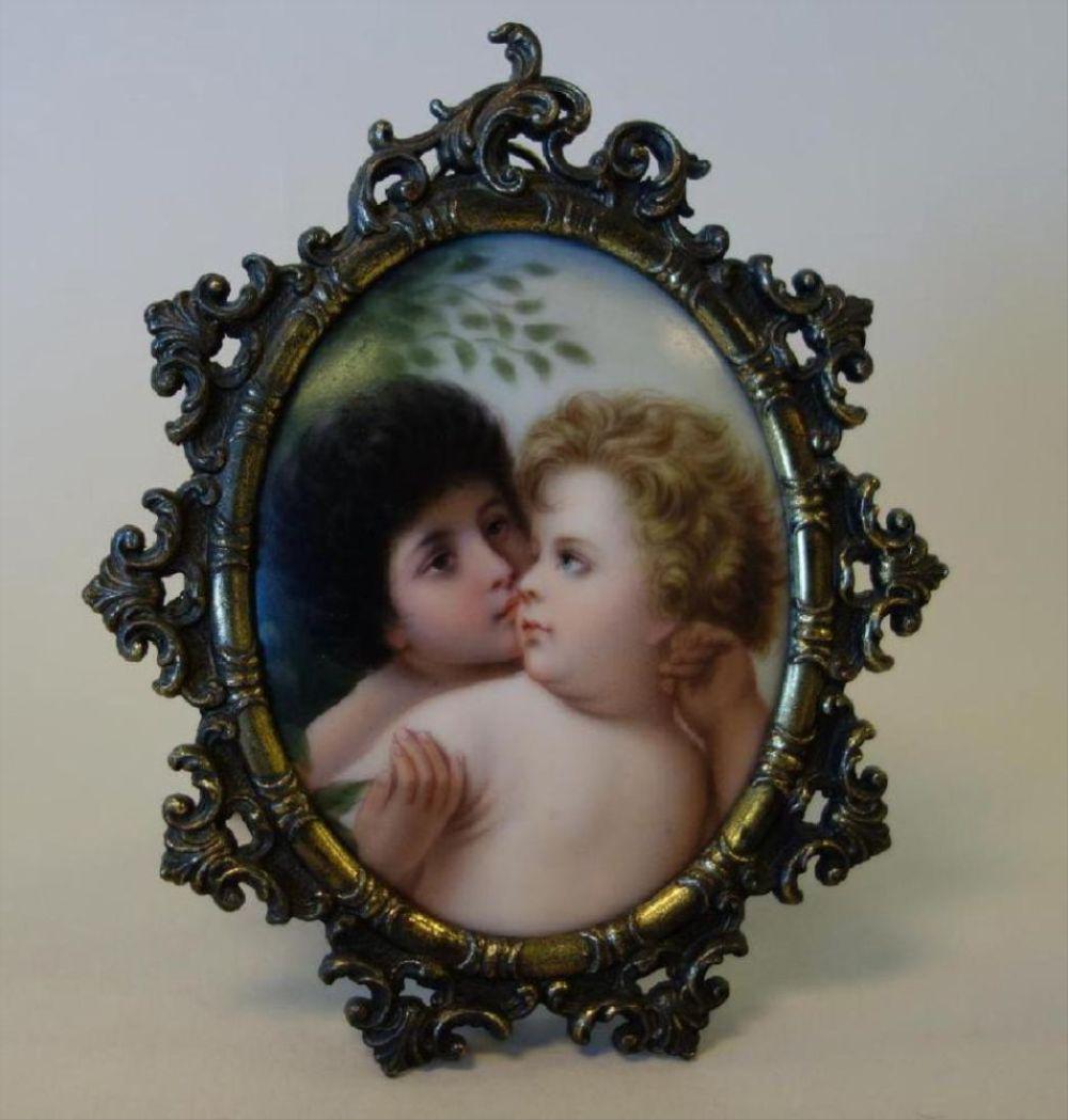 Miniature Painted Porcelain Plaque Of Putti (1 of 1)