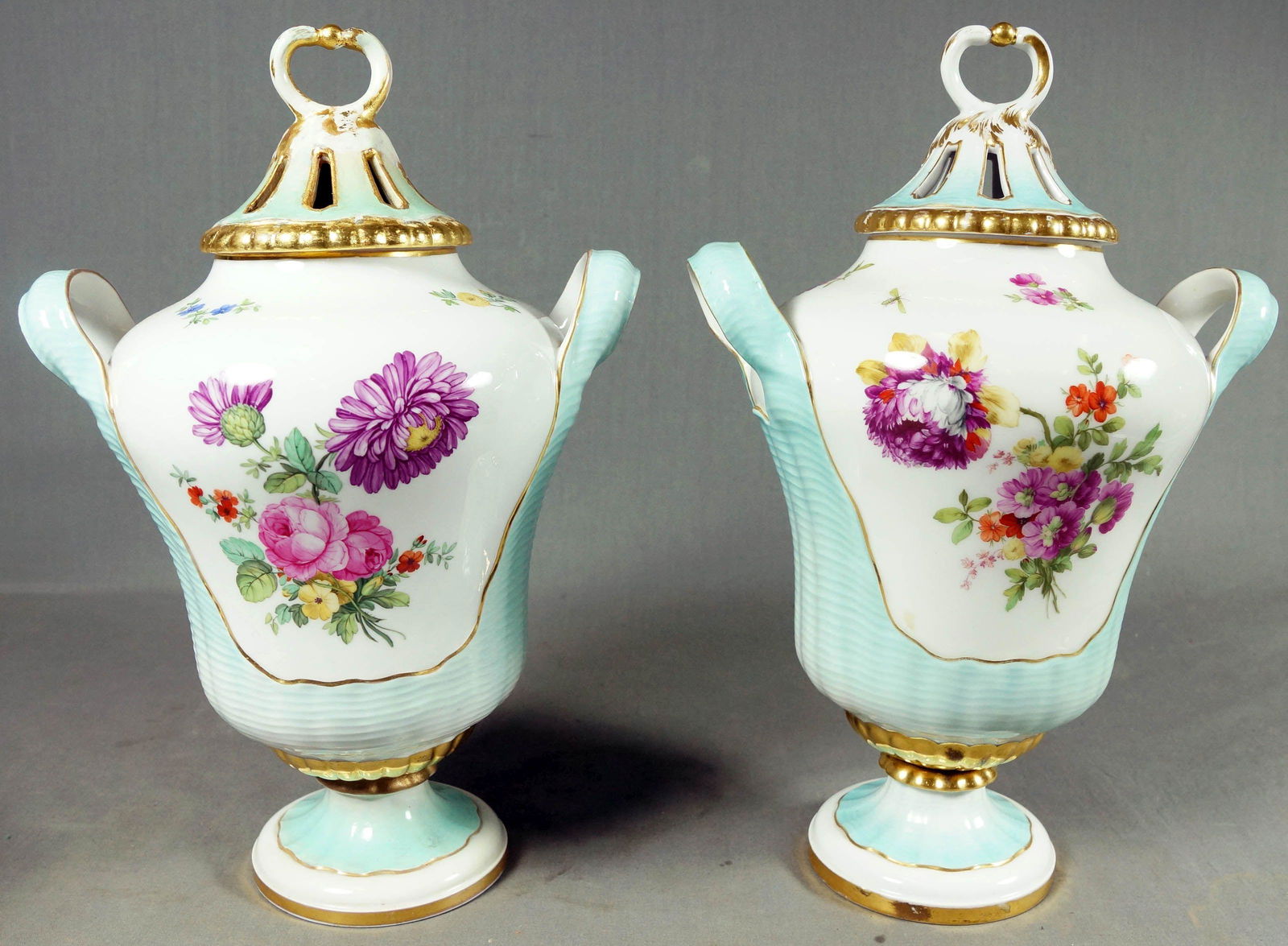 PAIR OF KPM FLORAL COVERED URNS: 15" H 10 " W 8" D