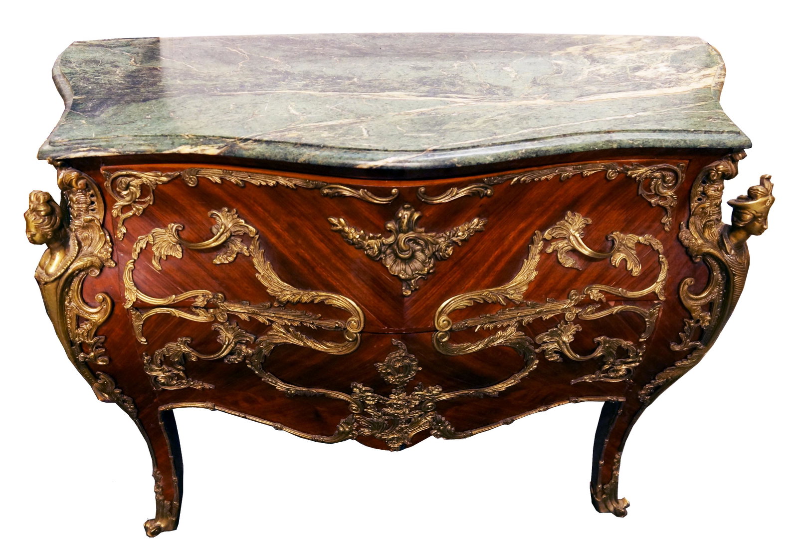 LOUIS XV STYLE FIGURAL MARBLE TOP COMMODE: 43" W 20" D 34.5" H