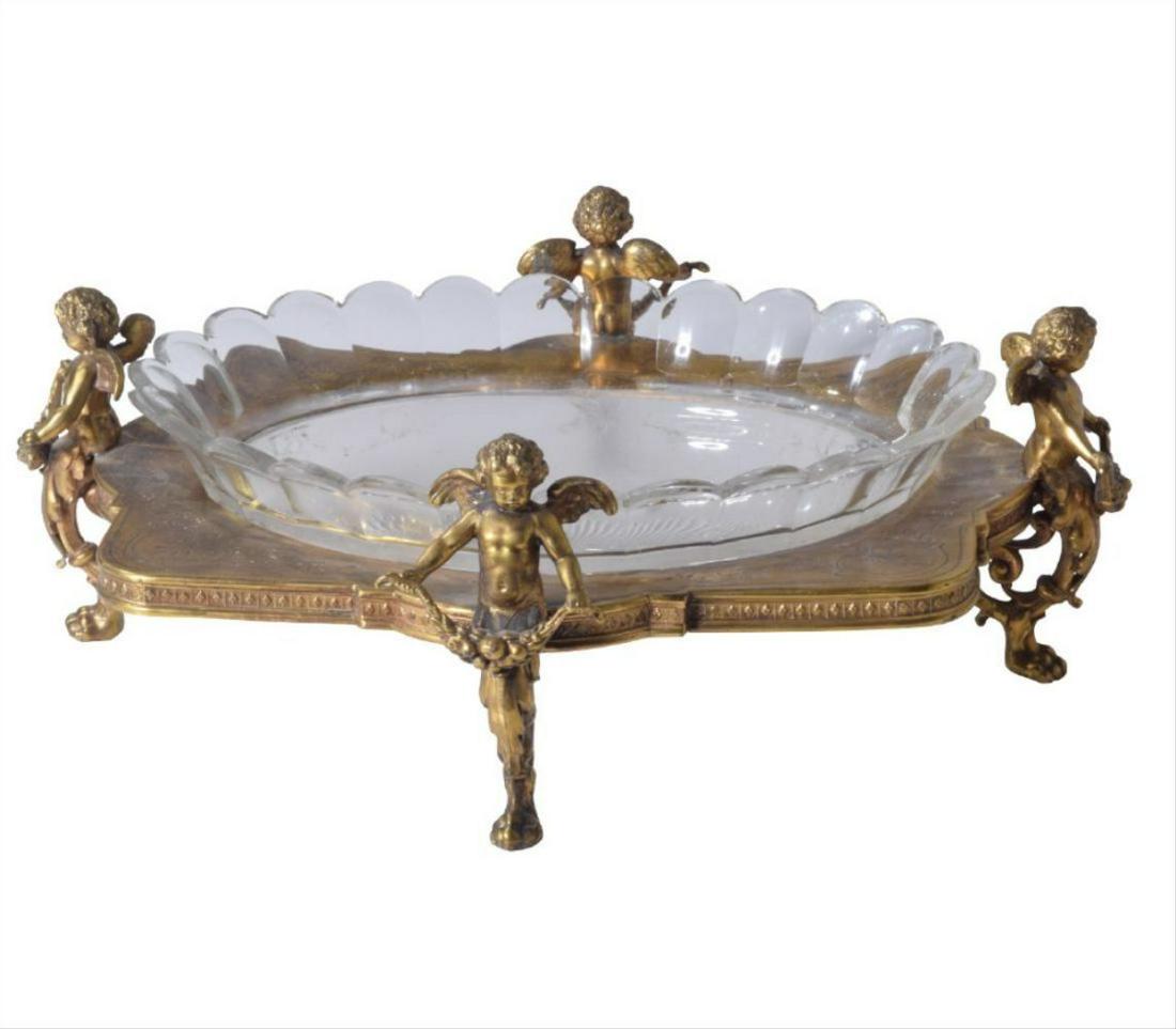 Early 20Th C. Gilt And Crystal Figural Centerpiece: Early 20Th C. Gilt And Crystal Figural Centerpiece. With Putti, Measures 5" X 16" X 14"