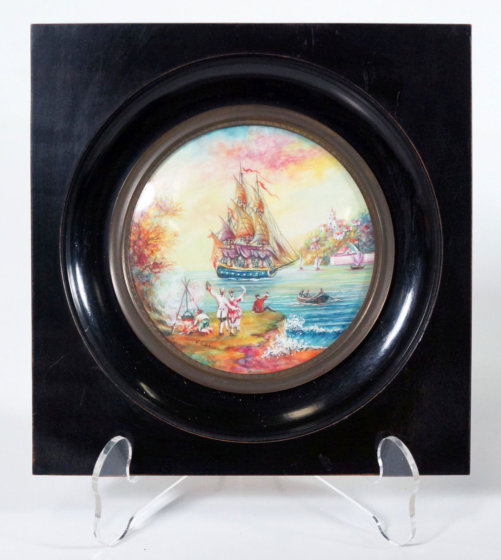 Signed Enamel Painting Of A Ship In The Harbor (1 of 4)