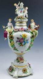 Meissen Style Ornate Figural Porcelain Covered Urn