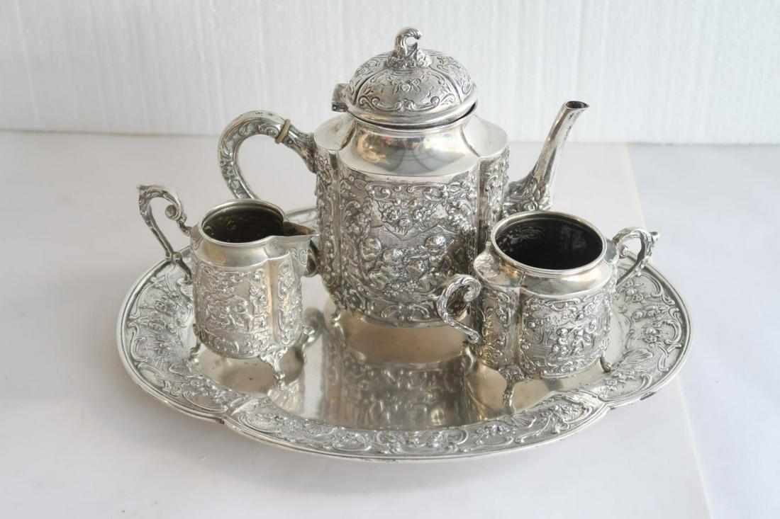 GERMAN MARK 800 STERLING SILVER" TEA SET W/TRAY 4PCS. (1 of 6)