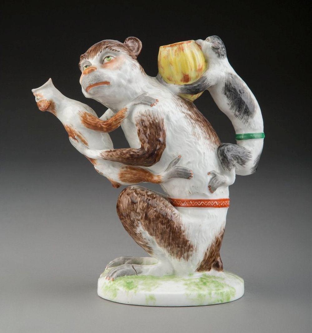 A Meissen Polychromed Porcelain Monkey Teapot, G: A Meissen Polychromed Porcelain Monkey Teapot, Germany, circa 1930 Marks: (crossed swords in underglaze blue), 7 7 x 6 x 3-1/2 inches (17.8 x 15.2 x 8.9 cm) PROPERTY FROM A LA JOLLA, CALIFORNIA COLLEC