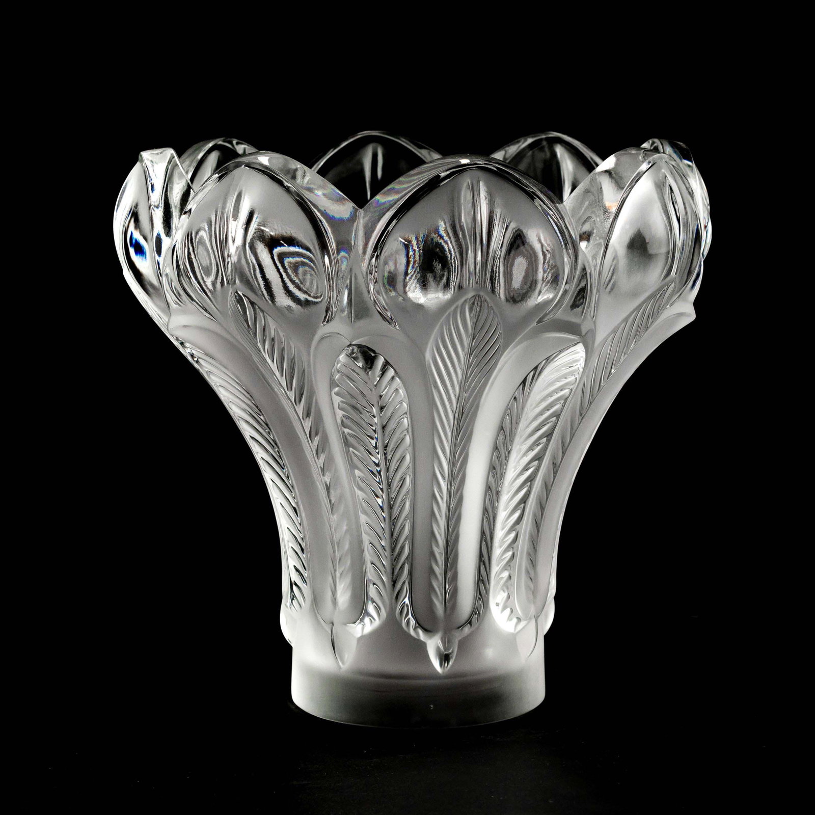 Lalique French Art Glass Ensa Centerpiece 8" Vase: Crafted of fine quality French art glass crystal. Features the Ensa pattern with art deco stylized floral frond forms in polished and frosted finish. Measures 8 3/4 in. x 9 in. Signed Lalique France.