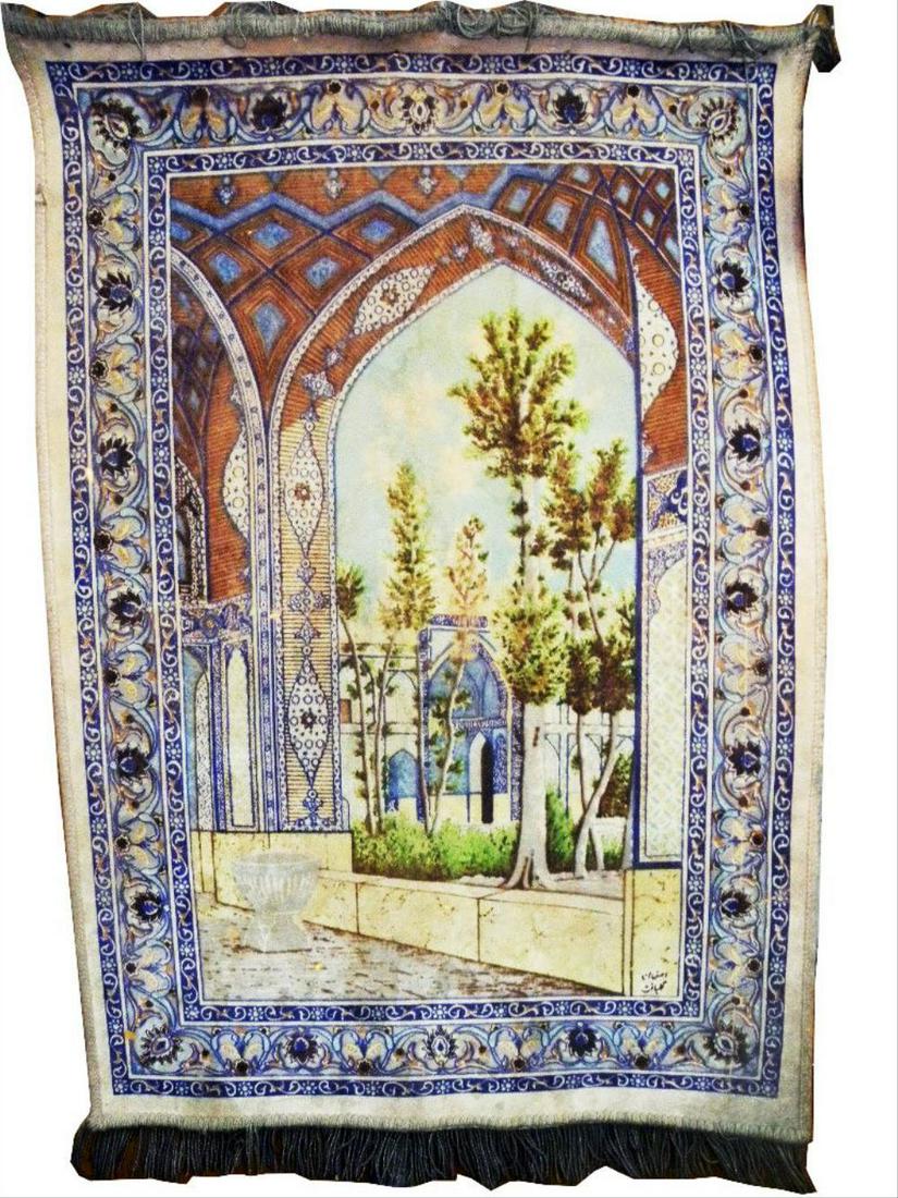 Antique Beautiful Fort & Trees Silk Carpet Wall Hanging (1 of 8)