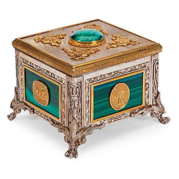 Continental Erotic Automated Music Box: Continental, Erotic Automated Music Box, Sterling Silver, Malachite Veneer, Brass, 3"W X 3"D X 2"H Of Square Form, The Sides Set With Roundels Depicting Classical Figures And Leda And The Swan