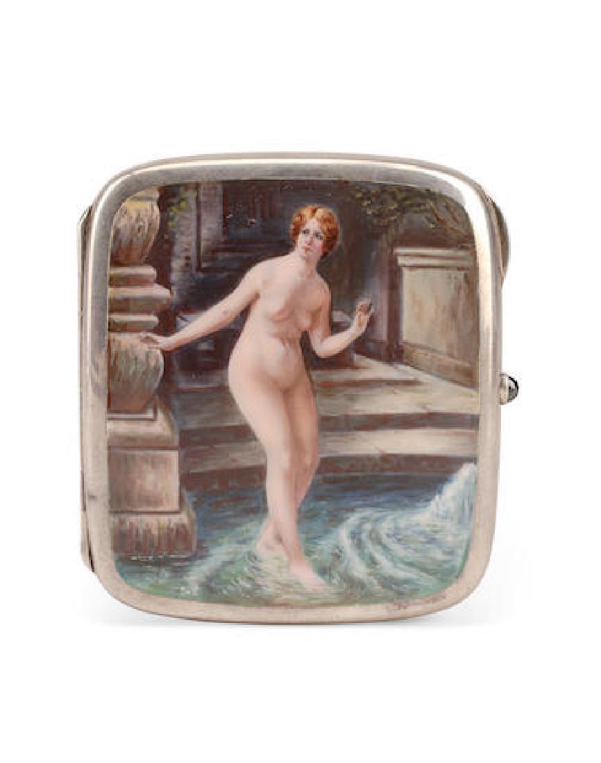 A Continental Silver And Enamel Erotic Cigarette Case: Depicting nude woman at bath, length 3 1/2in (9cm).