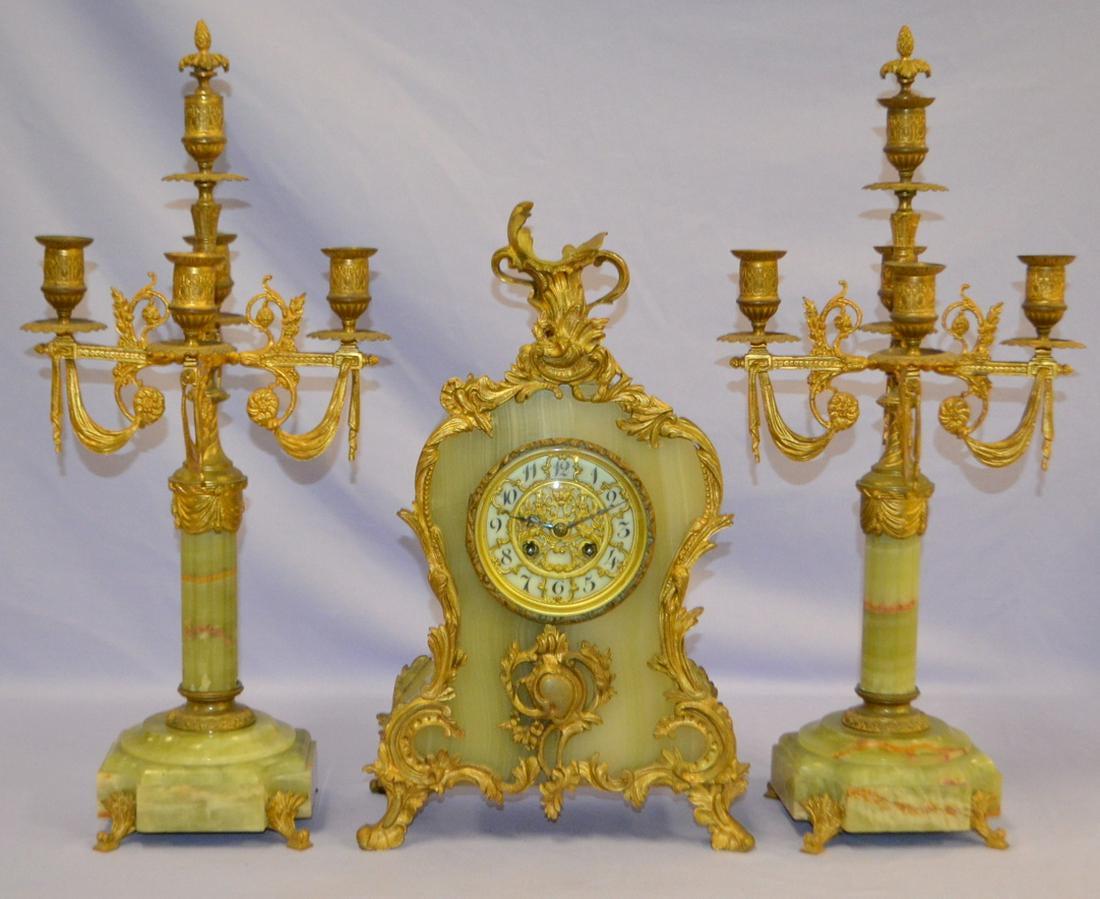 Antique Three Piece Green Onyx Mantel Clock (1 of 8)