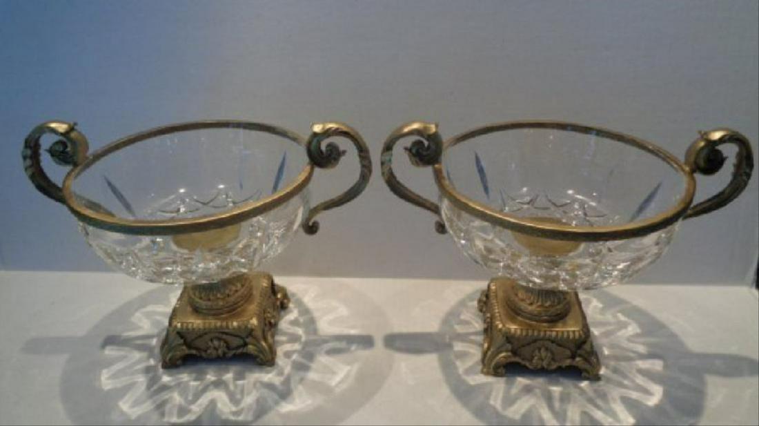 Pair Crystal Faceted Bronze Scroll-Leaf Handle Bowl (1 of 4)