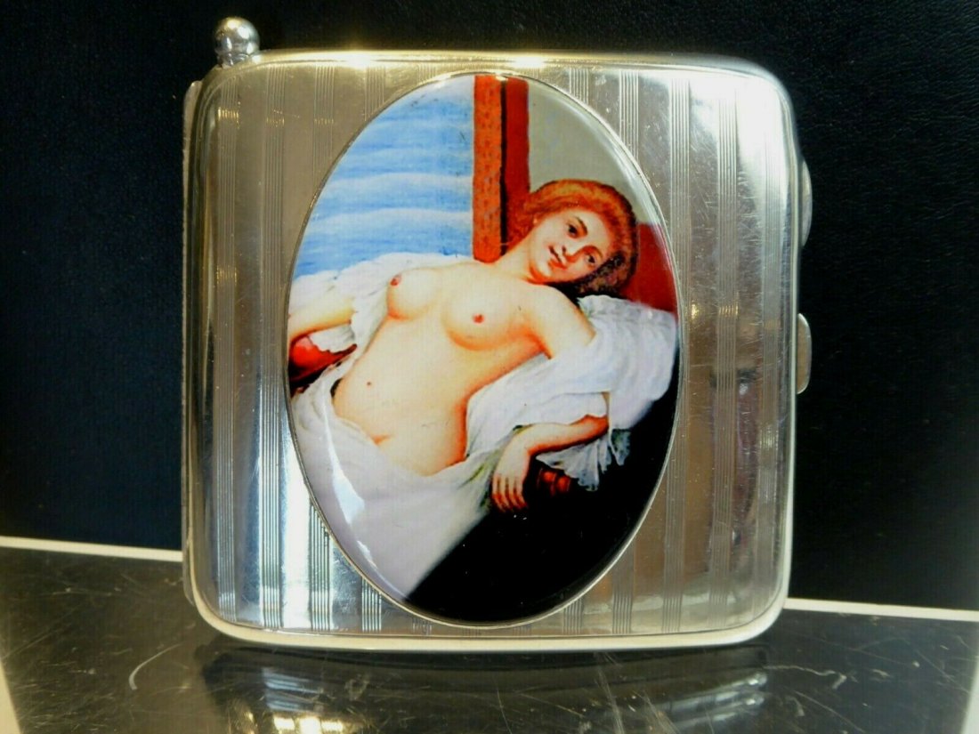 Antique British Erotic 1912s Nude Lady Reclining Sterli: Antique British Erotic 1912s Nude Lady Reclining Sterling Silver Pictorial Enamel Cigarette Case with Hidden Silver Pencil Offered is an adorable 1912s British antique sterling silver cigarette case d