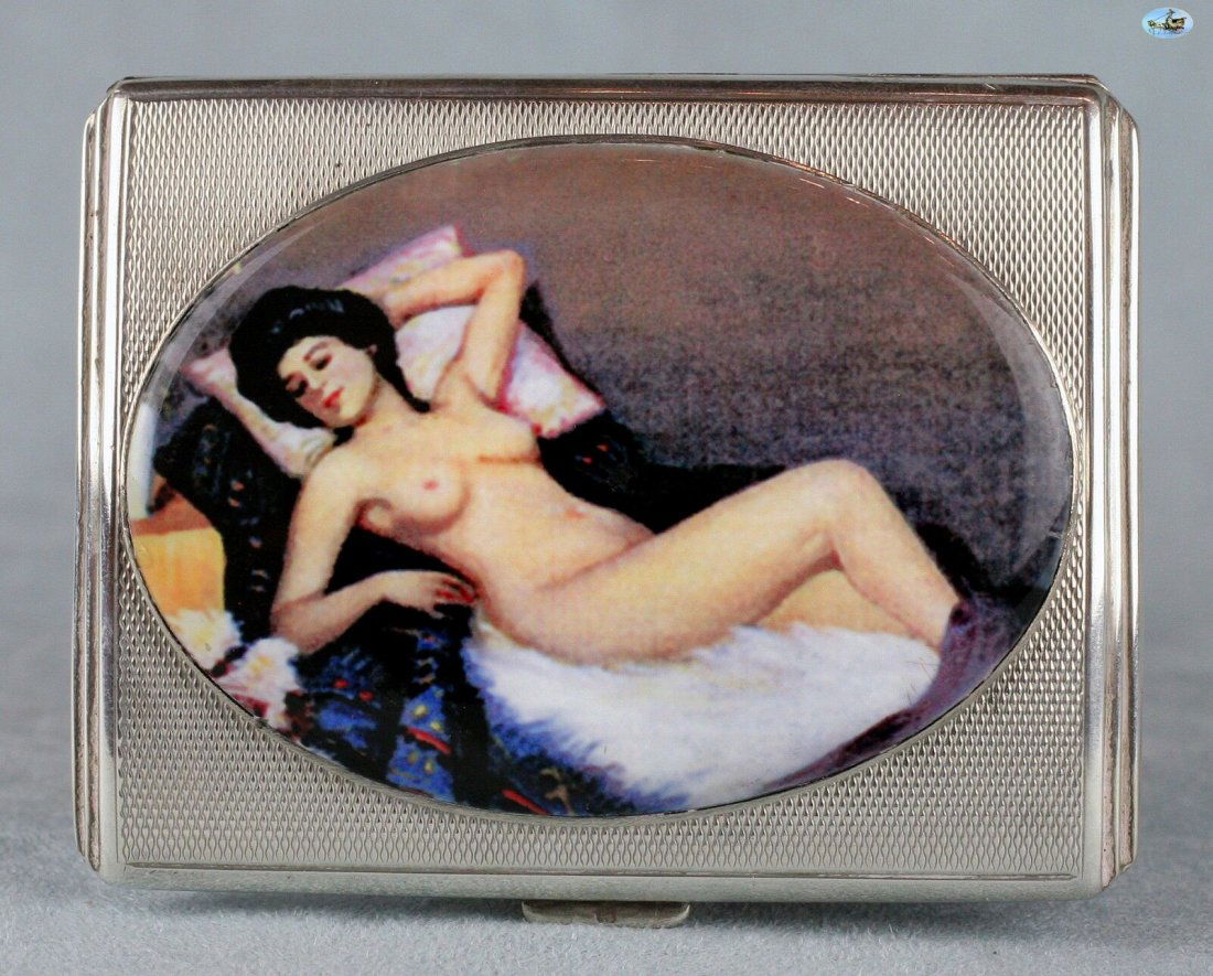Antique British Erotic 1920s Nude Sleeping Lady Sterlin: Antique British Erotic 1920s Nude Sleeping Lady Sterling Silver Pictorial Enamel Cigarette Case Offered is an adorable 1920s British antique sterling silver and gilt cigarette case depicting in very f