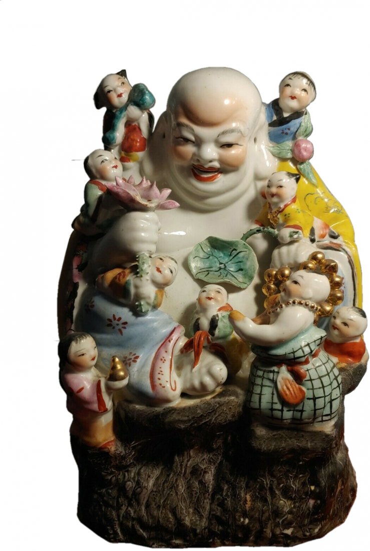 Large 13" Chinese Famille Rose Porcelain with 9 childre: Large 13" Chinese Famille Rose Porcelain with 9 children Circa 1940Excellent vintage happy fertility abundance Buddha statue, hand-painted and glazed porcelain with five lively children on his lap. Th