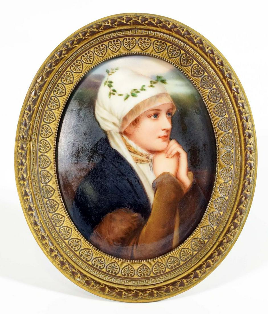 Portrait Miniature Of A Woman With Wreath On Porcelain: Perfectly captured sharp beauty at a challenging size.The great and painstaking effort - and a simplistic background - dedicated to accurately portraying the subject's elegance in focus. Notice the fr