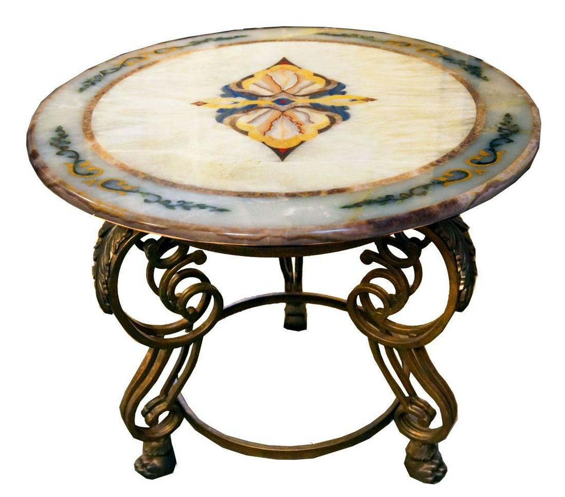 A8) Iron And Tole Table W/ Onyx Top (1 of 3)