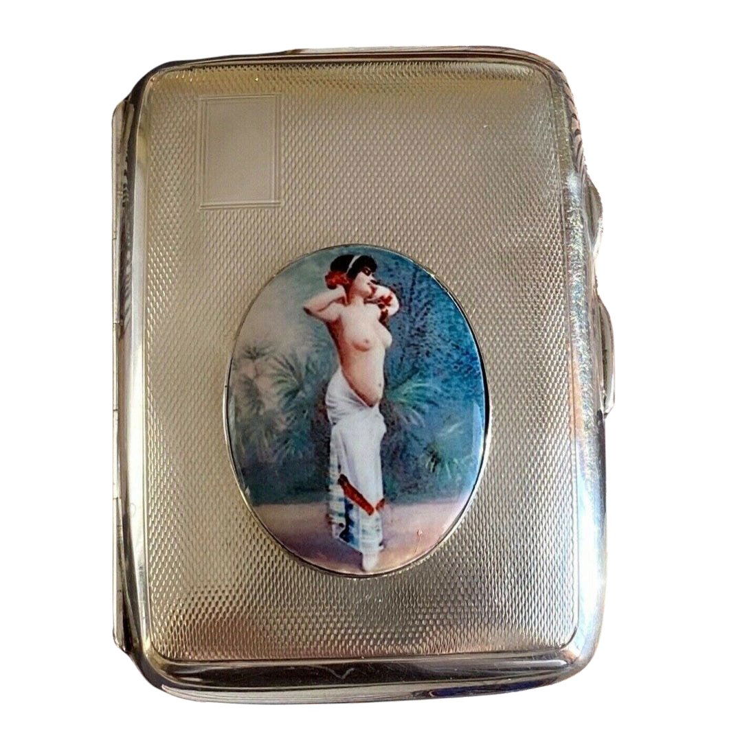 Antique British Erotic 1920s Nude Lady Dancing Sterling: Antique British Erotic 1920s Nude Lady Dancing Sterling Silver Pictorial Enamel Cigarette Case Offered is an adorable 1920s British antique sterling silver cigarette case depicting in very fine detail