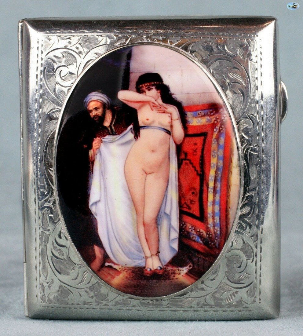 Antique British Erotic 1916s Nude Harem Lady & Arab Man: Antique British Erotic 1916s Nude Harem Lady & Arab Man Sterling Silver Pictorial Enamel Cigarette Case Offered is an adorable 1916 British antique sterling silver and gilt cigarette case depicting in