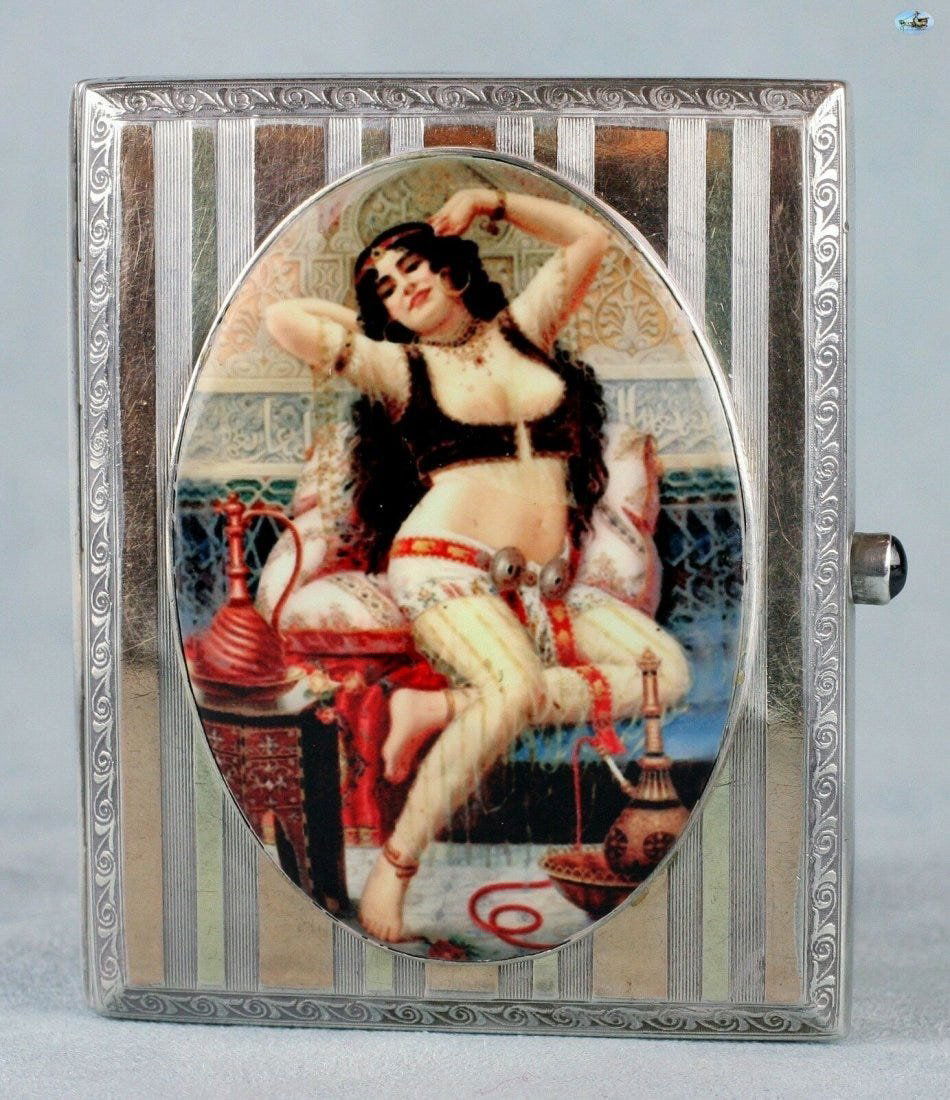 Antique British Erotic 1920s Nude Lady Boudoir Sterling: Antique British Erotic 1920s Nude Lady Boudoir Sterling Silver Pictorial Enamel Cigarette Case Offered is an adorable 1920s British antique sterling silver cigarette case depicting in very fine detail