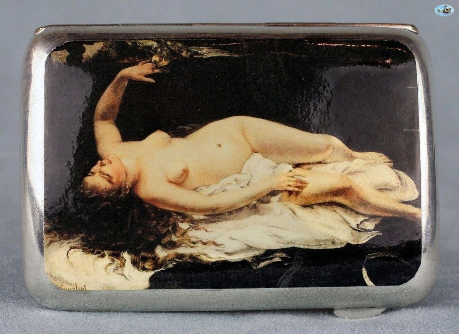 Antique British Erotic 1920s Nude Sleeping Lady with Ea: Antique British Erotic 1920s Nude Sleeping Lady with Eagle on her Hand Sterling Silver Pictorial Enamel Cigarette Case Offered is an adorable 1920s British antique sterling silver and gilt cigarette c