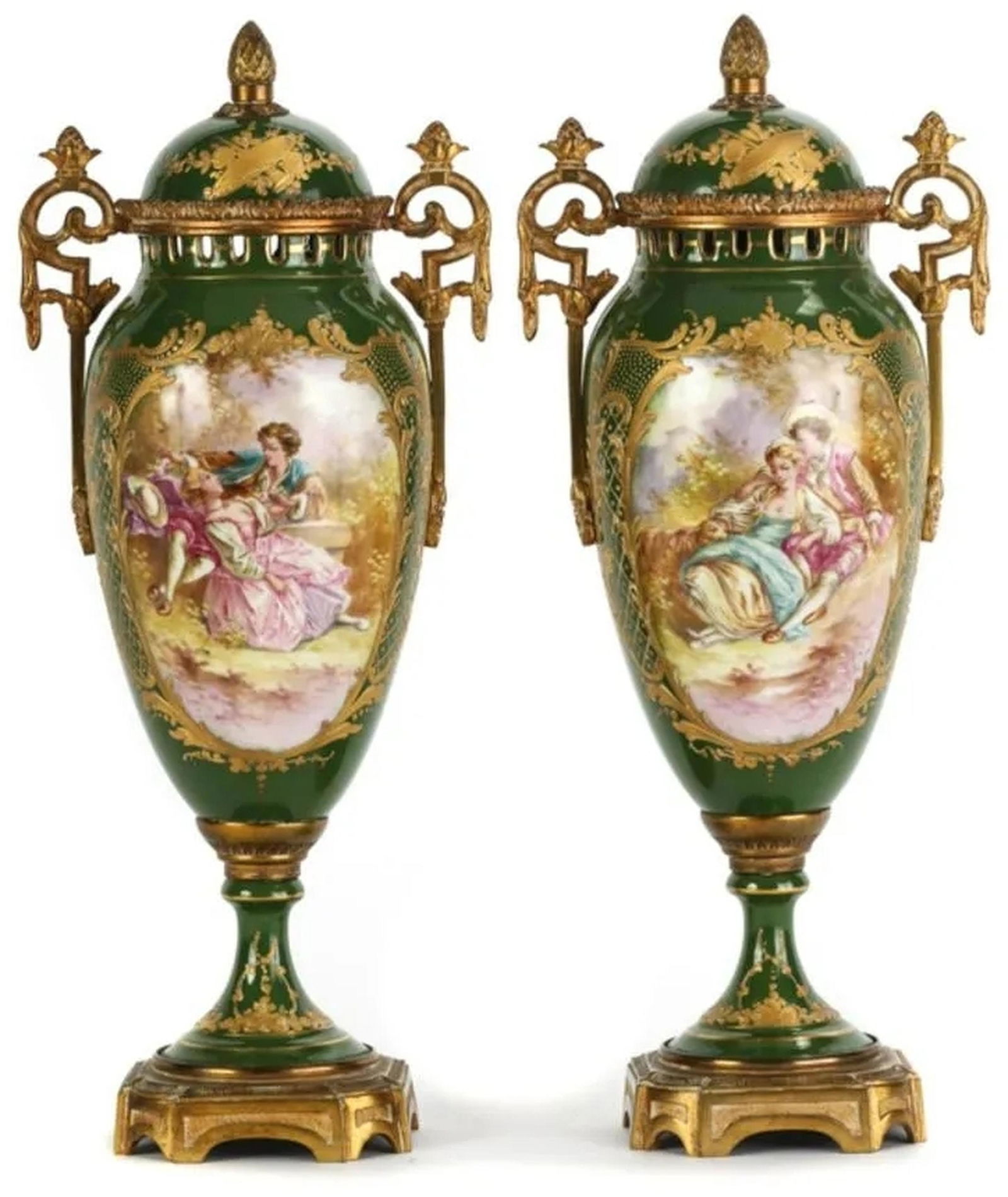 PAIR OF FRENCH PORCELAIN URNS with ORMOLU MOUNTS (1 of 14)