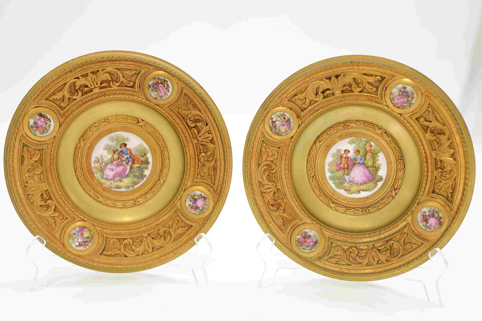 Pr Dore Bronze Wall Plaques W Painted Porcelain (1 of 6)